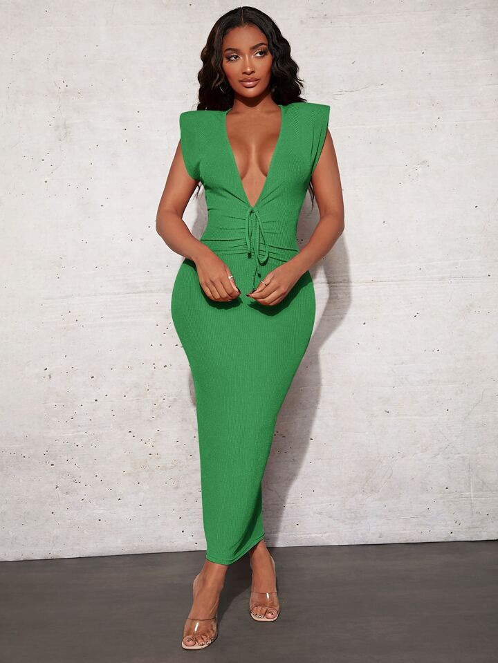 SHEIN SXY Plunging Neck Drawstring Front Shoulder Pad Bodycon Dress | SHEIN