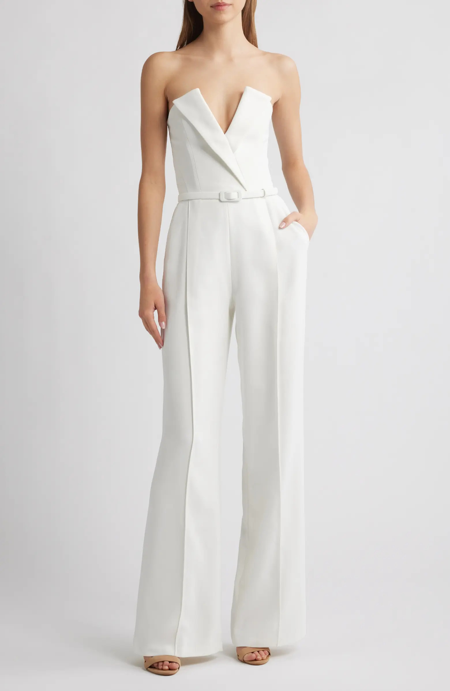Vanessa Strapless Belted Crepe Flare Jumpsuit | Nordstrom