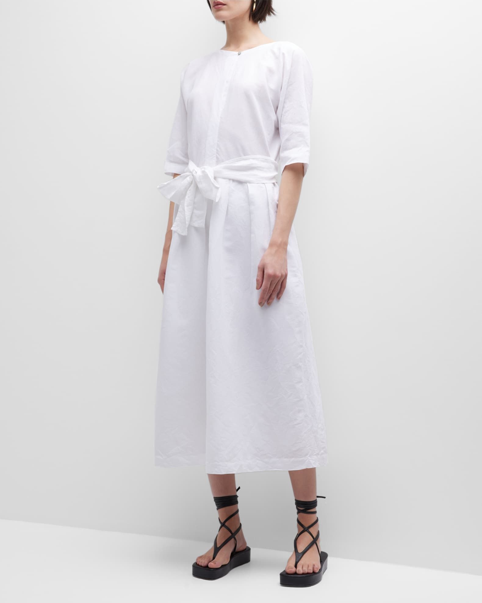 Vince Boat-Neck Belted Linen-Cotton Midi Dress | Neiman Marcus