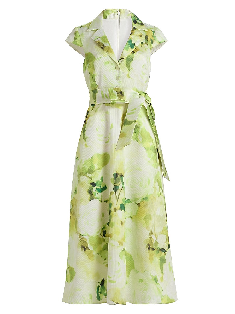 Women's Belted Floral A-Line Midi-Dress - Lime - Size 0 | Saks Fifth Avenue