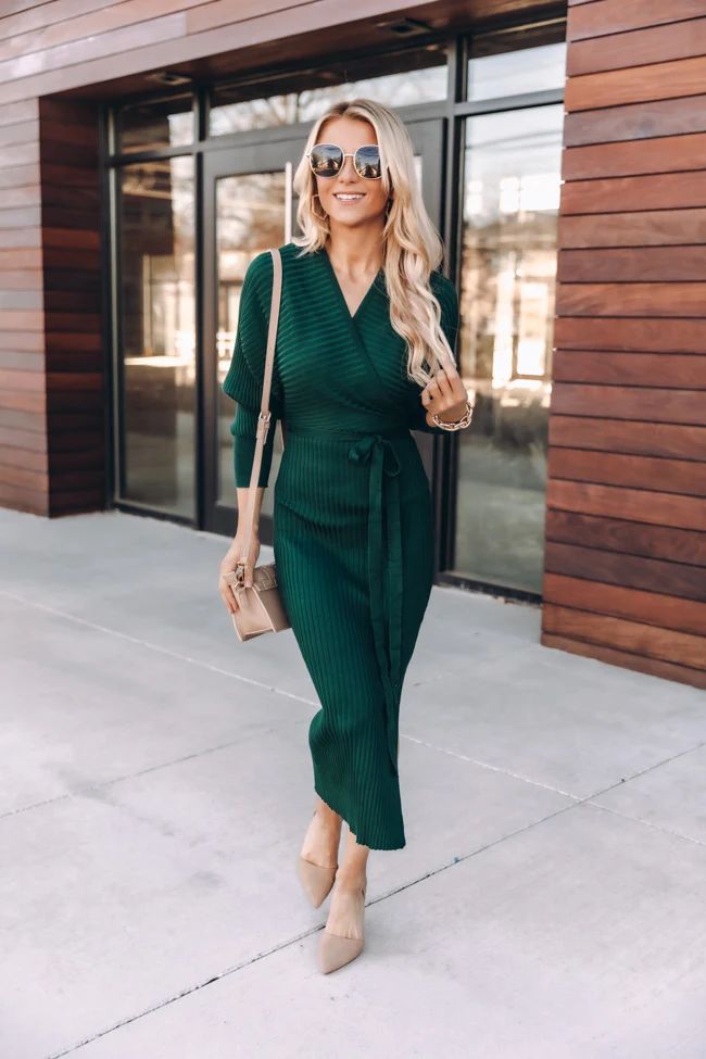 Main Event Green Wrap Sweater Dress | Pink Lily