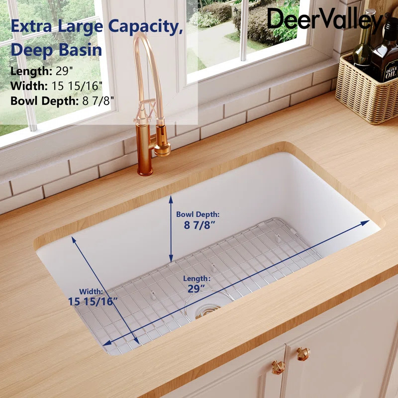 DV-1K513 Rectangular Fireclay 32" L x 19" W Fireclay Undermount Kitchen Sink with Basket Strainer... | Wayfair North America