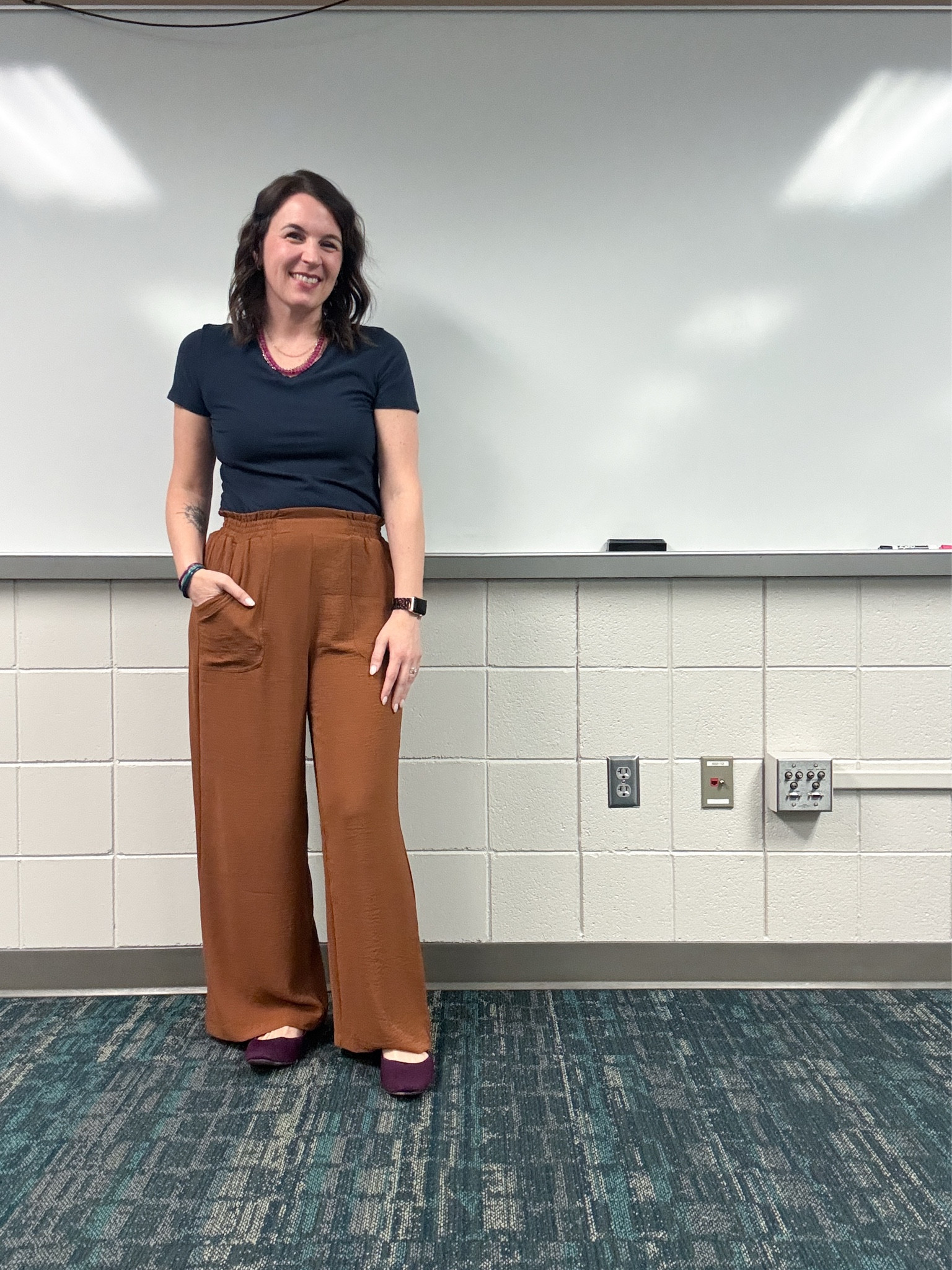 Neutrals with some colorful accessories. These pants are under $30 and I’m in a medium  