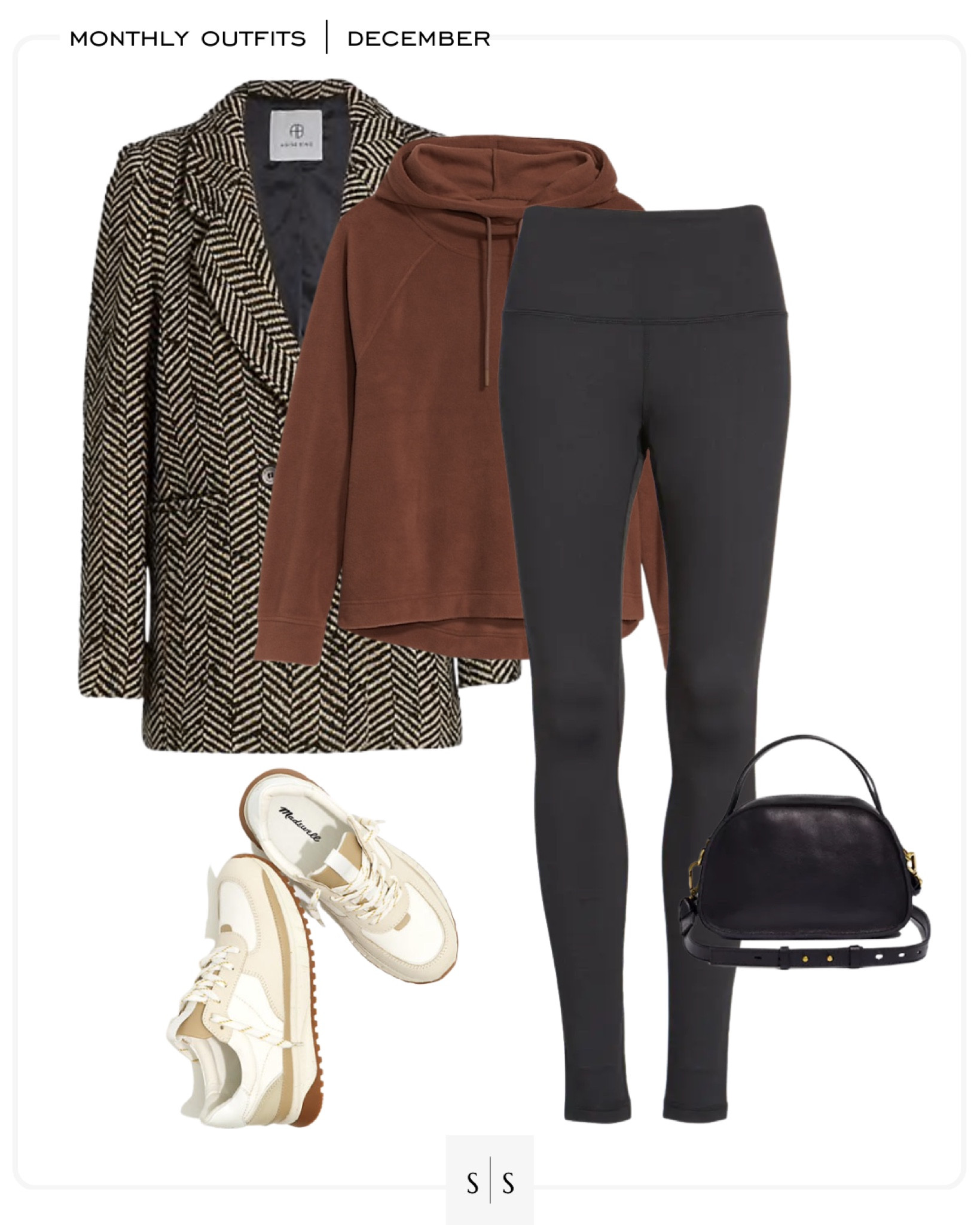 Monthly outfit planner : DECEMBER looks | #blazer #leggings #fleecehoodie #sneakers #handbag #winteroutfit #casualstyle | See entire calendar on thesarahstories.com ✨ 

#LTKstyletip