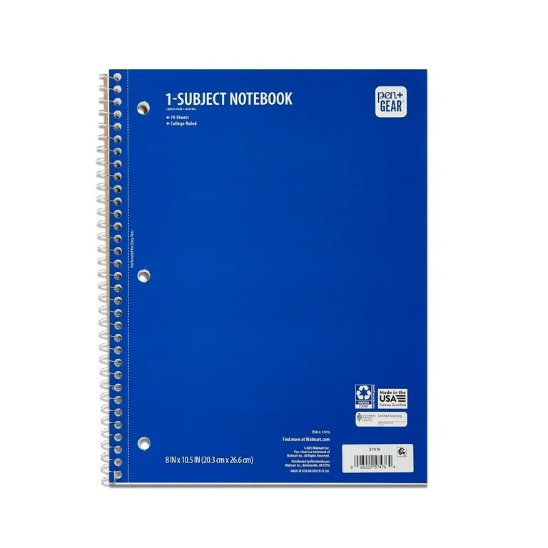 Pen + Gear 1-Subject Notebook, College Ruled, Blue, 70 Sheets | Walmart (US)