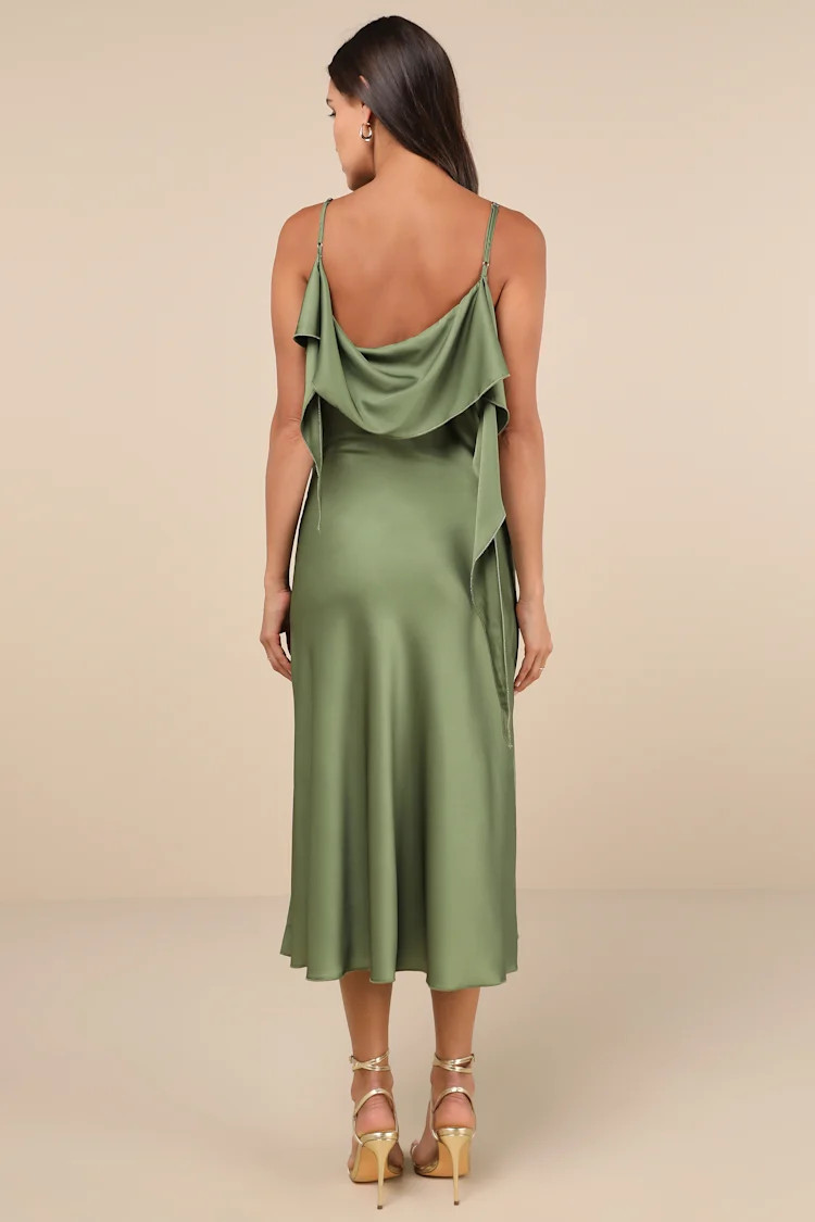 Thistle Green Multi Satin Cowl Neck Midi Dress | Lulus