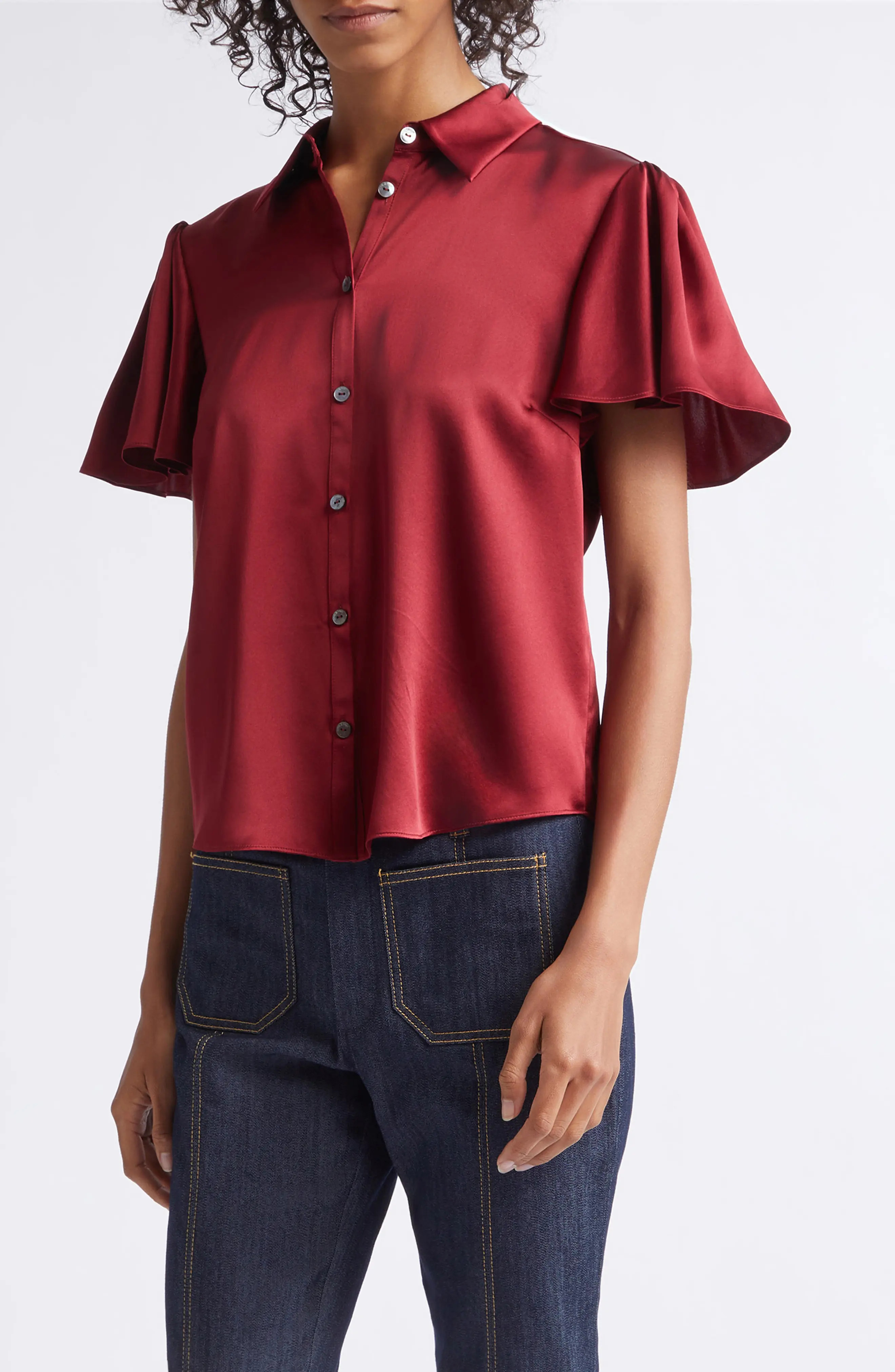 Fiona Flutter Sleeve Silk Satin Button-Up Shirt | Nordstrom