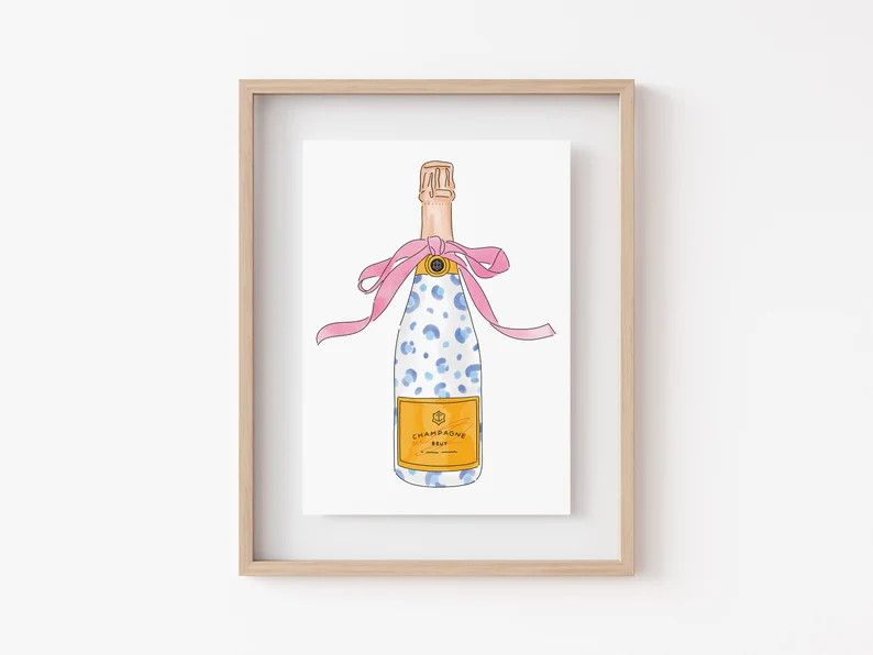 Painted Champagne | Blue Cheetah | Veuve |  Party | digital print |  funky wall art | Bar Cart | Etsy (US)