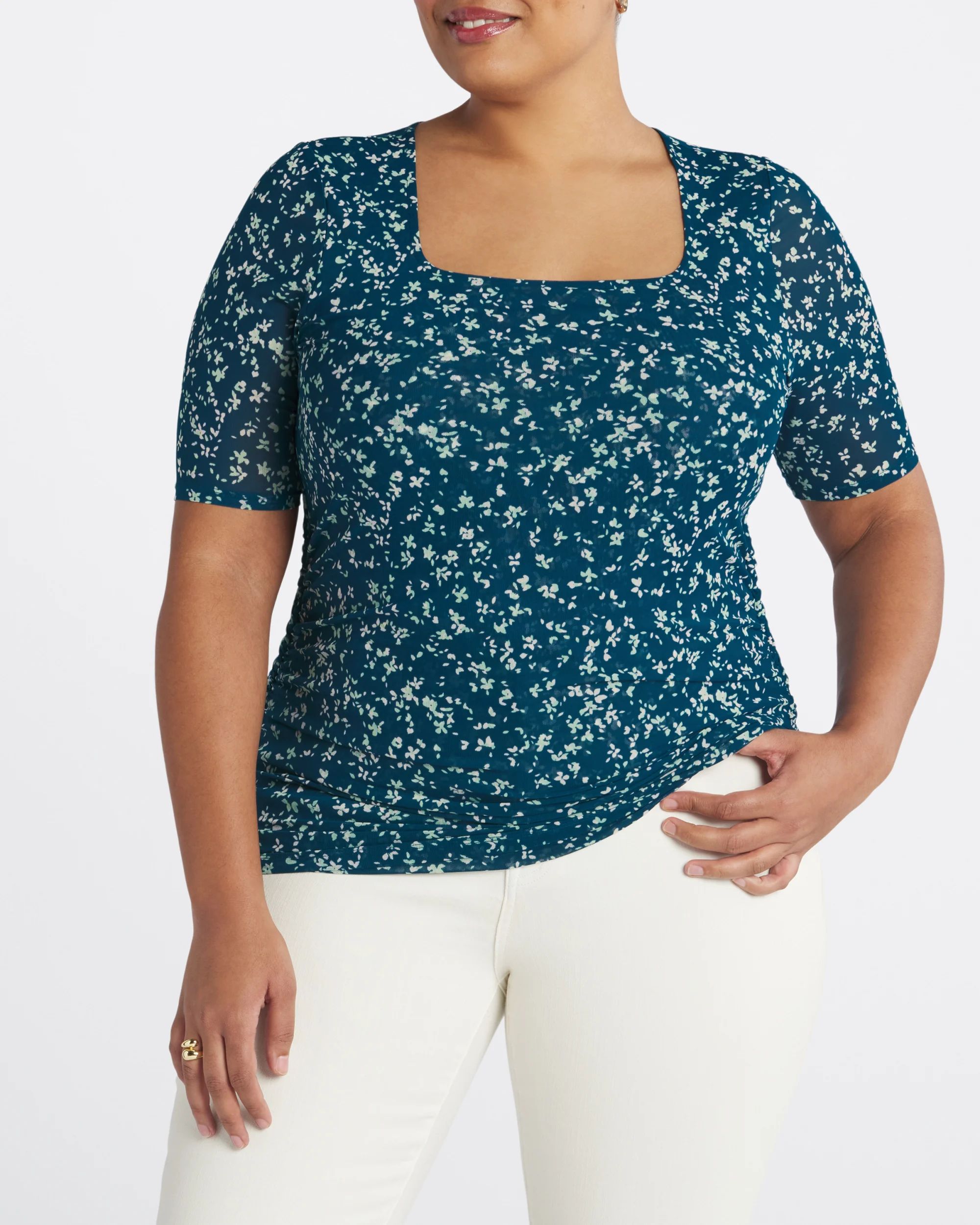 Square Neck Elbow Sleeve Mesh Knit Top | Stitch Fix
