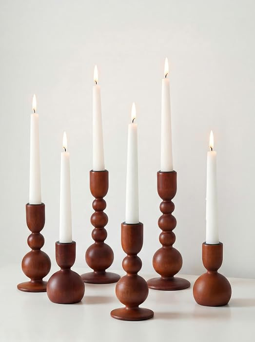 NUPTIO Wooden Taper Candle Holders, Set of 6 Brown Candlesticks | Amazon (US)