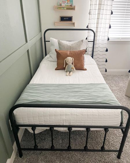 Jett’s big boy room with a toddler bed ✨ black Jenny Lind style farmhouse twin bed with white bedding, leather pillow, gender neutral room with green board and batten wall. 2 year old bedroom #bigboyroom #toddlerroom #toddlerbed #bigboybed #cribtransition #toddlerboy #boymom

#LTKkids #LTKhome