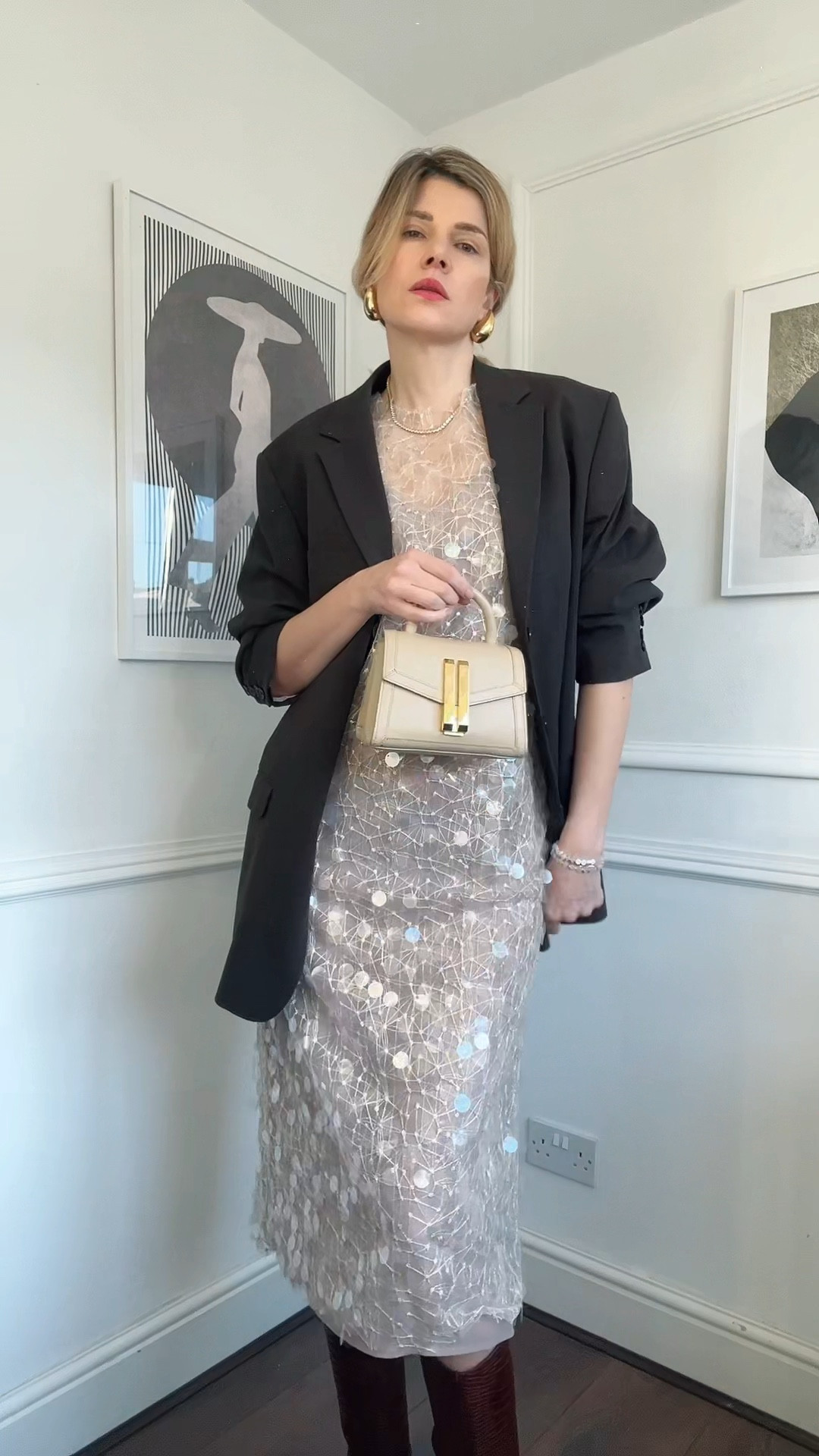 Winter and spring outfit, sequin midi dress, brown croc boots, nude bag, oversized blazer, chocolate blazer 

#LTKstyletip #LTKover40 #LTKVideo