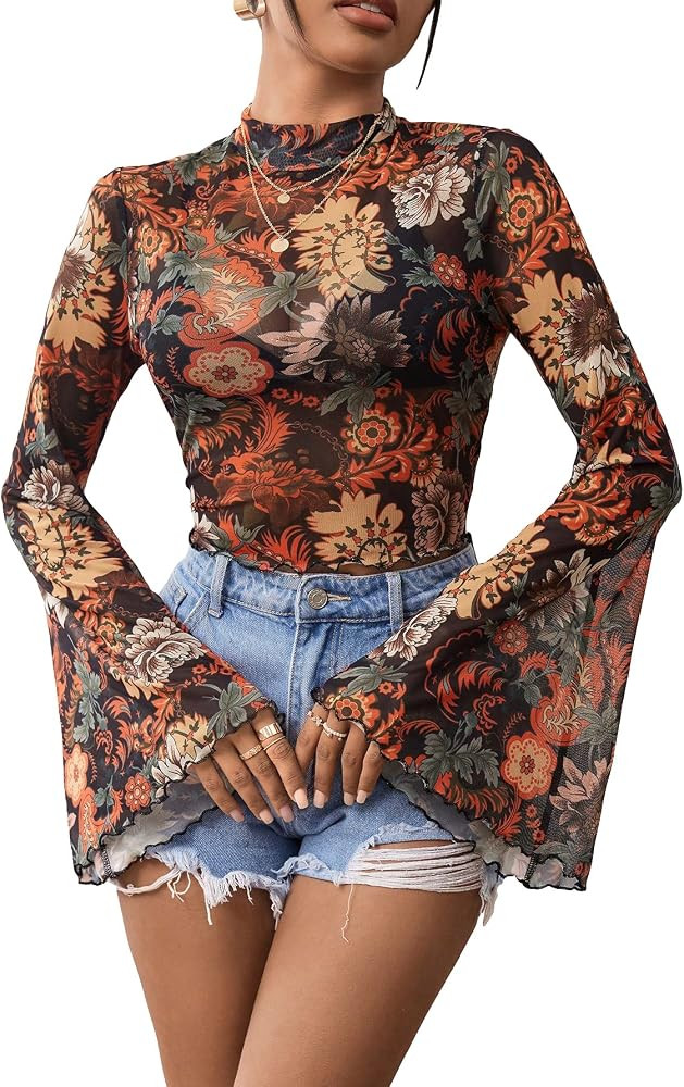 GORGLITTER Women's Floral Print Bell Long Sleeve Crop Blouse 70s Sheer Mesh Mock Neck Shirt Crop ... | Amazon (US)