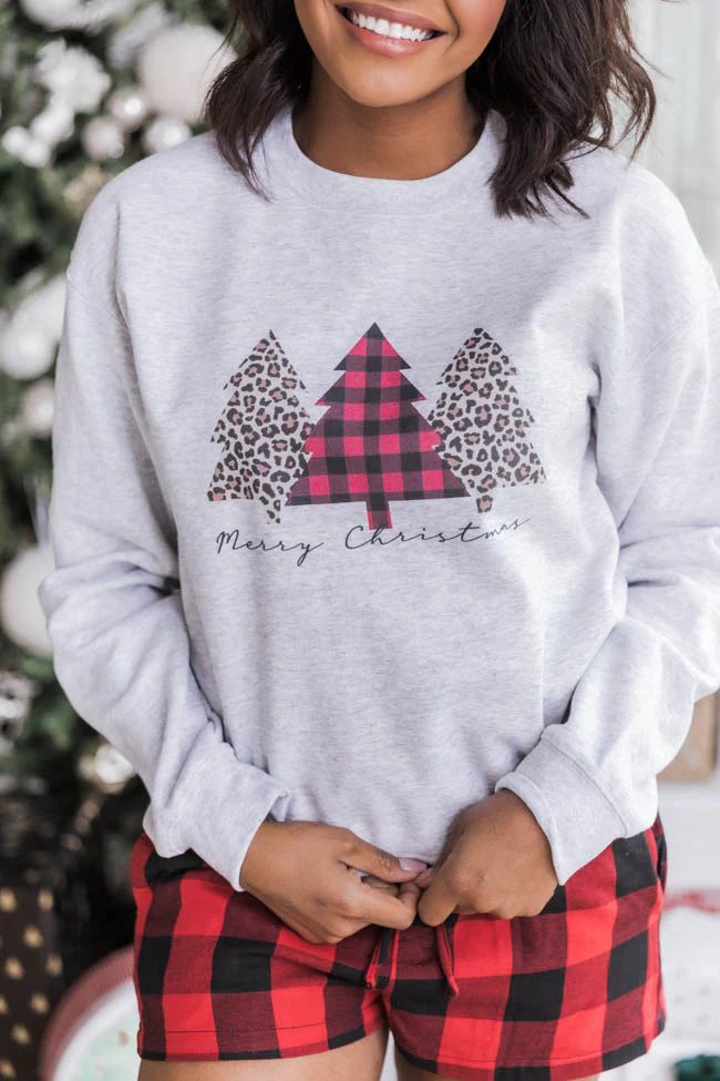 Plaid And Animal Print Trees Graphic Ash Sweatshirt | The Pink Lily Boutique