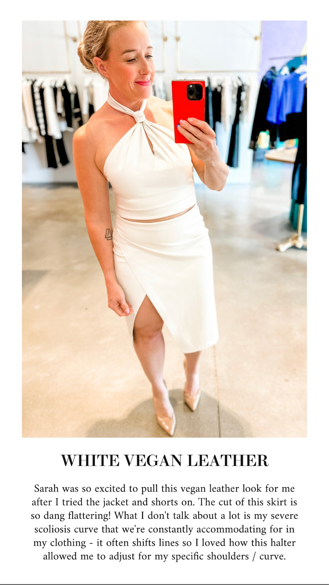 Soft white vegan leather, crop top paired with a matching front-wrap, soft white midi skirt.

#Hocsummer 
House of Colour Summer
ALICE + OLIVIA TRY-ON

#LTKstyletip #LTKFind #LTKworkwear