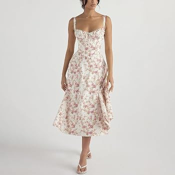 Women Floral Corset Dress, Boho Summer Spaghetti Straps Square Neck Casual Midi Dress Flowy Slit ... | Amazon (US)