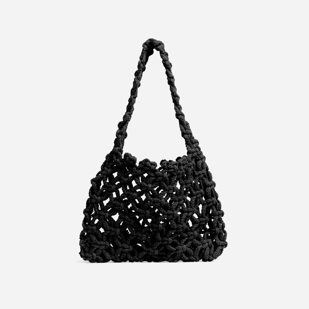 Leo Woven Detail Rectangle Shaped Shoulder Bag In Black Crochet | EGO (UK)