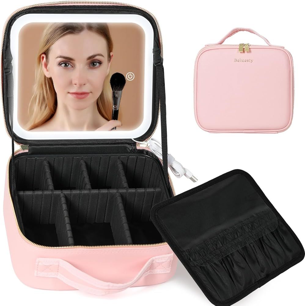 Travel Makeup Bag with LED Lighted Mirror, Cosmetic Makeup Organizer Bag with 3 Color Setting, Ma... | Amazon (US)