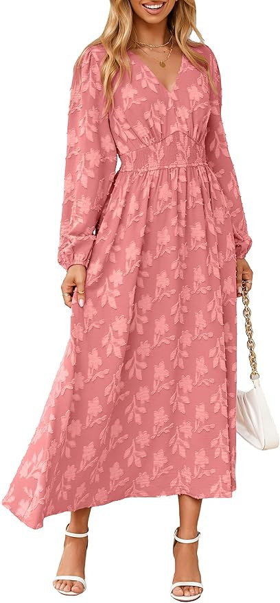 Simplee Womens Boho Floral Long Sleeve Maxi Dress V Neck Empire Waist Fall Wedding Guest Dresses ... | Amazon (US)