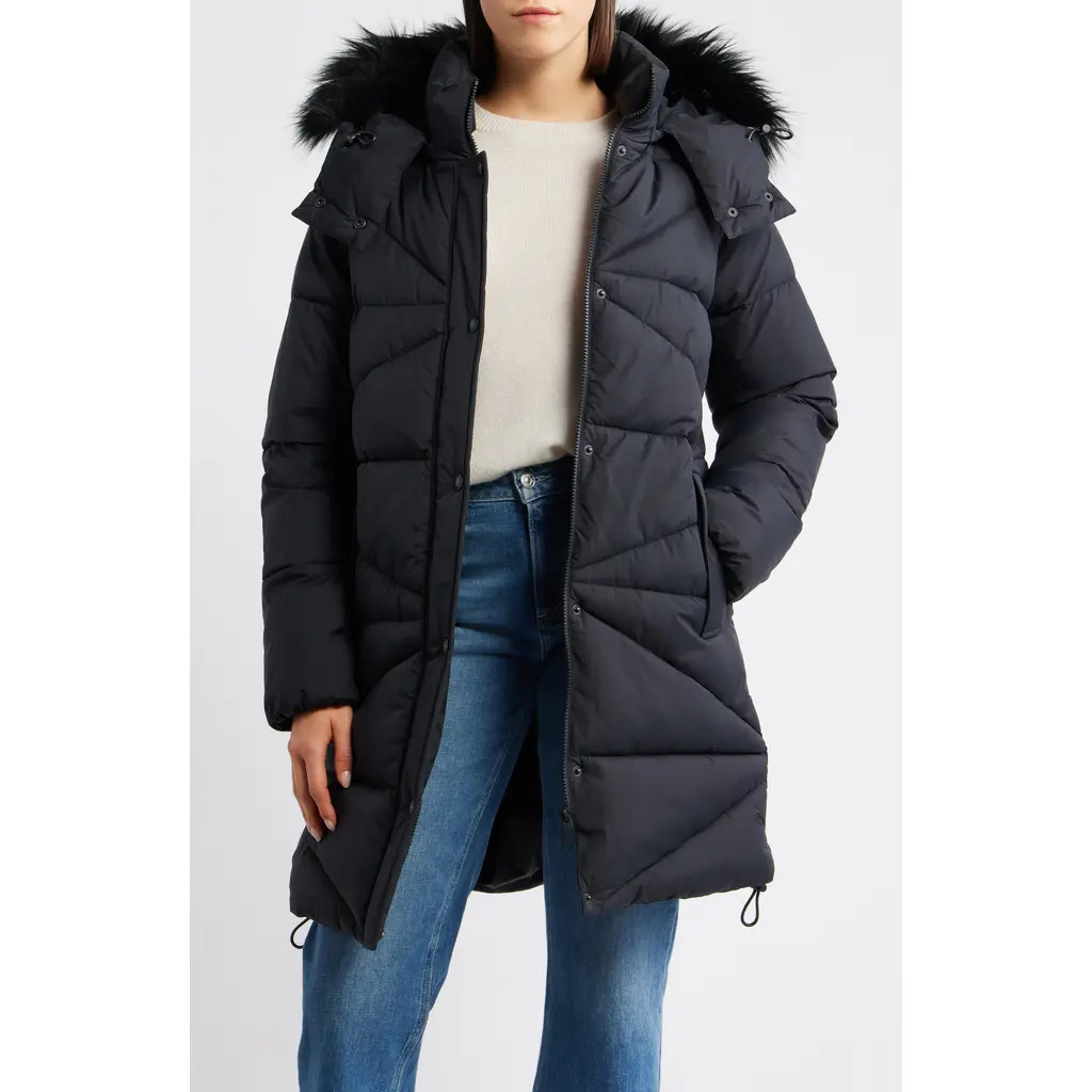 Sam Edelman Faux Fur Trim Hooded Quilted Jacket in Black at Nordstrom Rack, Size X-Small | Nordstrom Rack