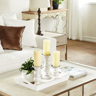 White Mango Wood Turned Style Pillar Candle Holder (Set of 3) | The Home Depot