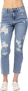 Judy Blue Women's Hi-Waisted Destroyed Boyfriend Fit Jeans | Amazon (US)