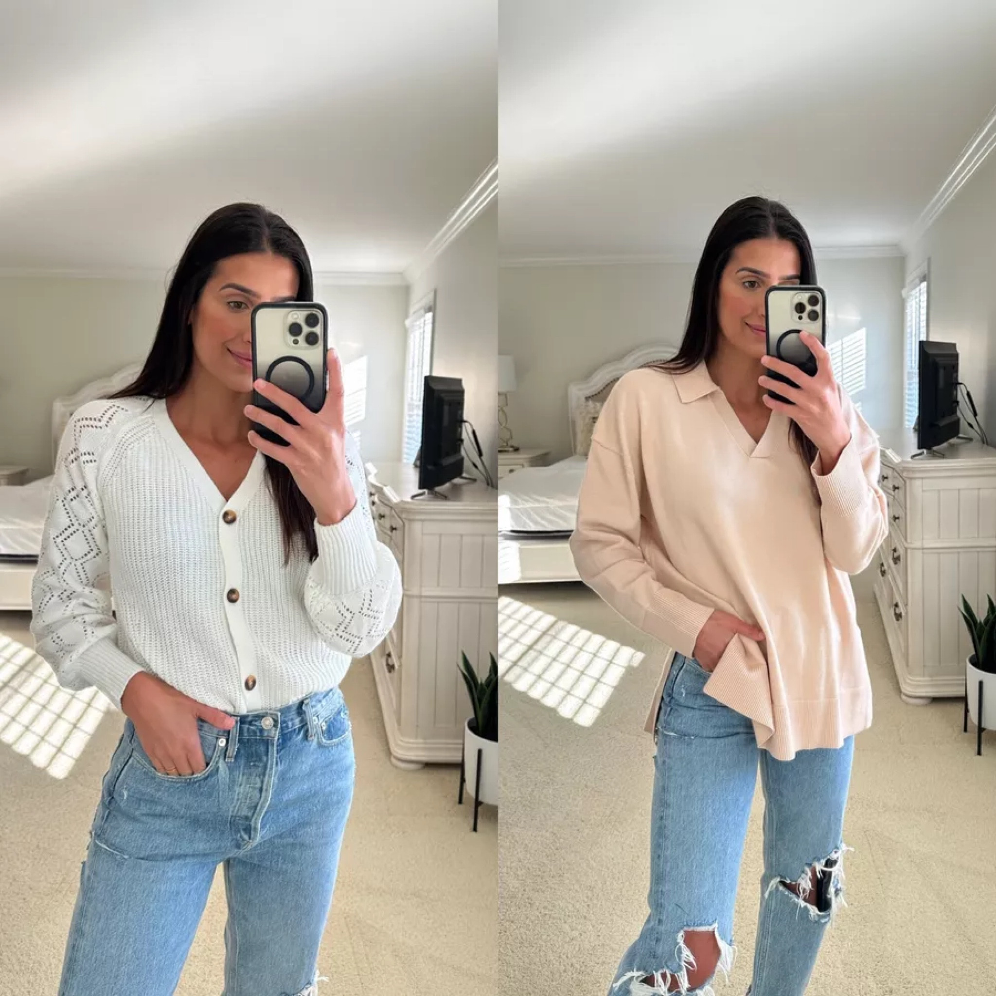 Button up sweater - winter to spring - transitional outfits - closet staples - chic spring sweater - Abercrombie jeans - Amazon sweater - layering sweater - cardigan - collared sweater 

#LTKSeasonal #LTKunder50 #LTKstyletip