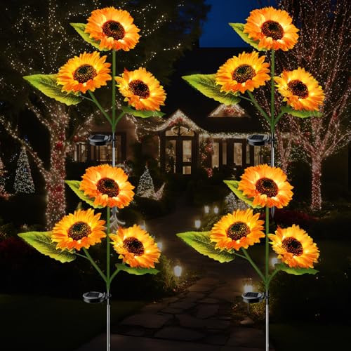 4-Pack Solar Powered Sunflower Garden Lights, LED Outdoor Decor Solar Light Flowers for Yard Patio Ground Lawn Landscape, Decorative Artificial Flower Bright Night Outside | Amazon (US)
