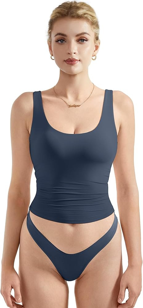 SUUKSESS Women Scoop Neck Tank Top Summer Sleeveless Going Out Double Lined Basic Tops | Amazon (US)