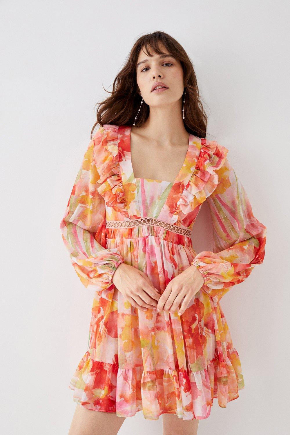 Dresses | Printed Tie Back Ruffle Detail Mini Dress | Coast | Coast UK & IE