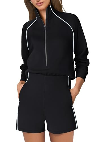 SENSERISE Womens Long Sleeve Romper One Piece Jumpsuits Mock Neck Wide Leg Shorts Fall Outfits with Zipper & Pockets(Black,XS) | Amazon (US)