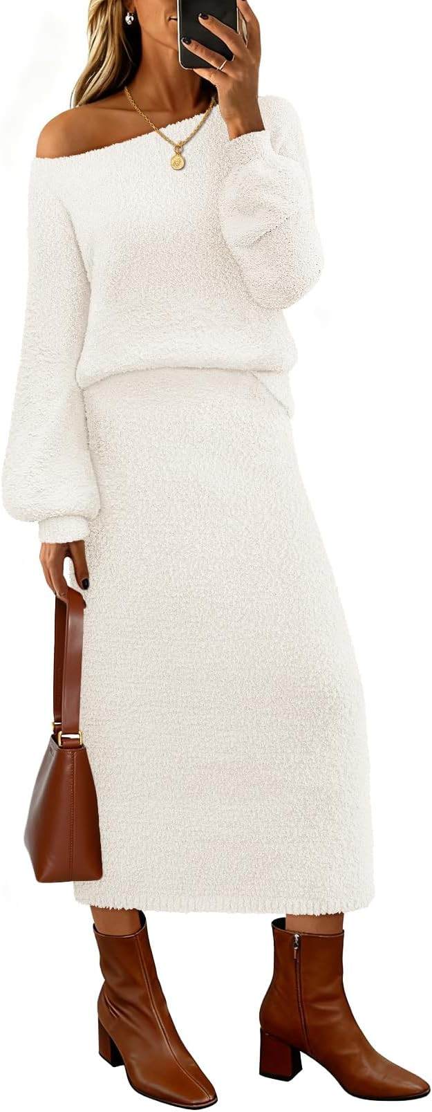 MEROKEETY Women's 2025 Fall Fuzzy 2 Piece Outfit Winter Long Sleeve Off Shoulder Pullover Top Mid... | Amazon (US)