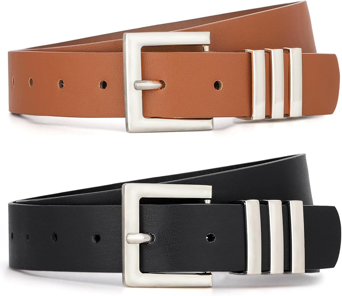 WHIPPY 2 Pack Women's Leather Belts Fashion Square Gold Buckle Ladies Belt for Jeans Pants Dress | Amazon (US)