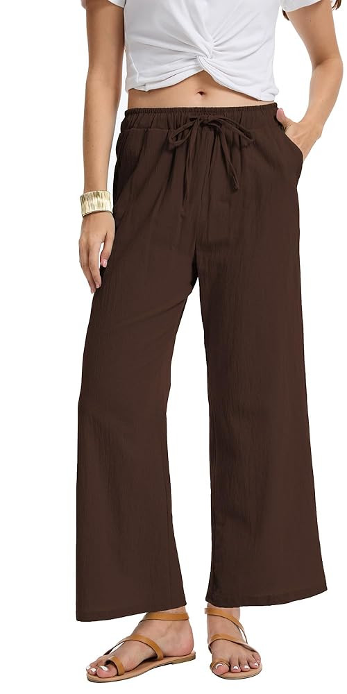 YOCUR Women Casual Drawstring Straight Leg Pants Cotton Linen Beach High Waisted Trousers Flowy L... | Amazon (US)