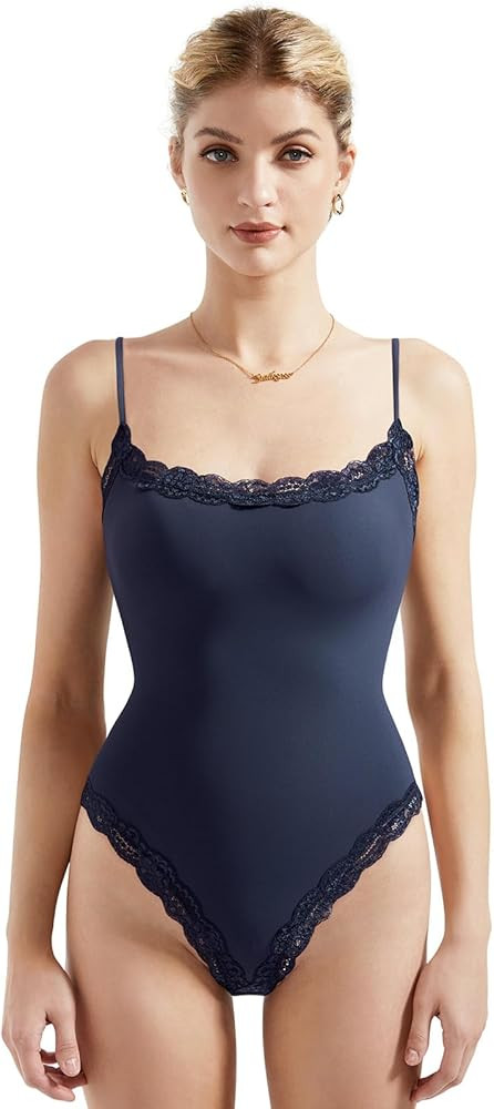 SUUKSESS Women Square Neck Lace Bodysuit Sleeveless Spaghetti Strap Tank Top | Amazon (US)