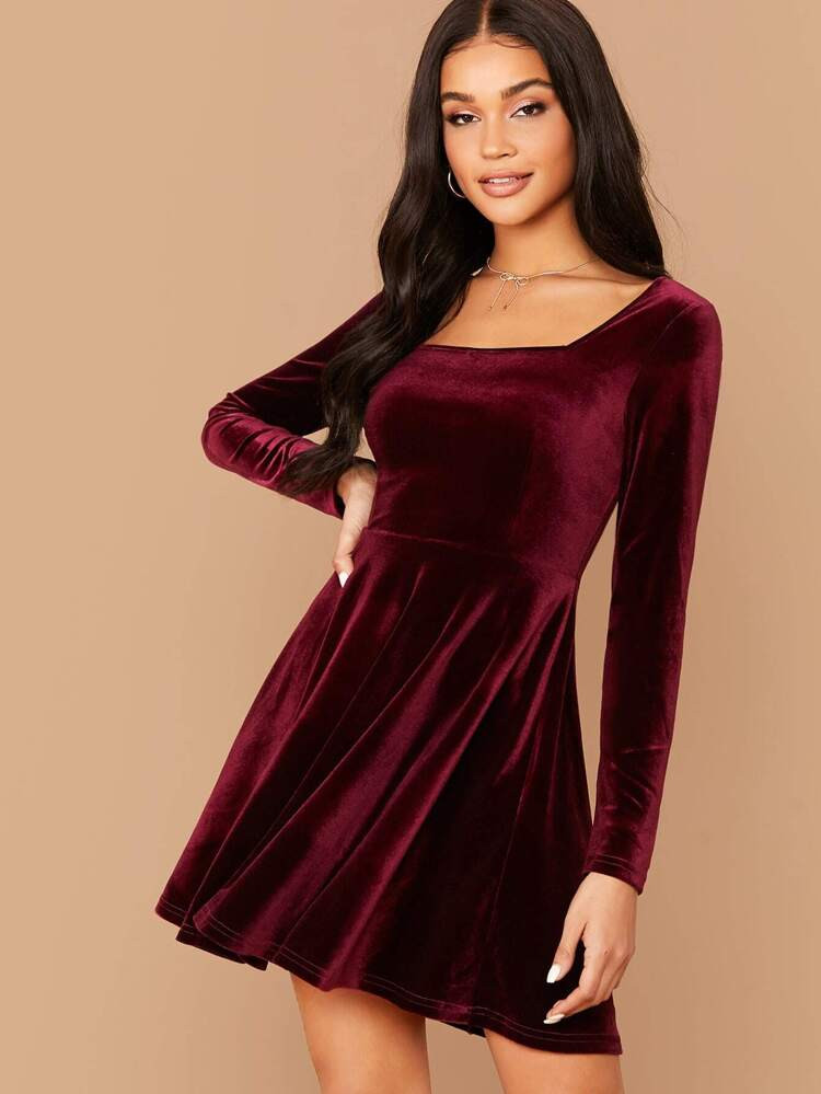 SHEIN Belle Square Neck Flared Velvet Dress | SHEIN