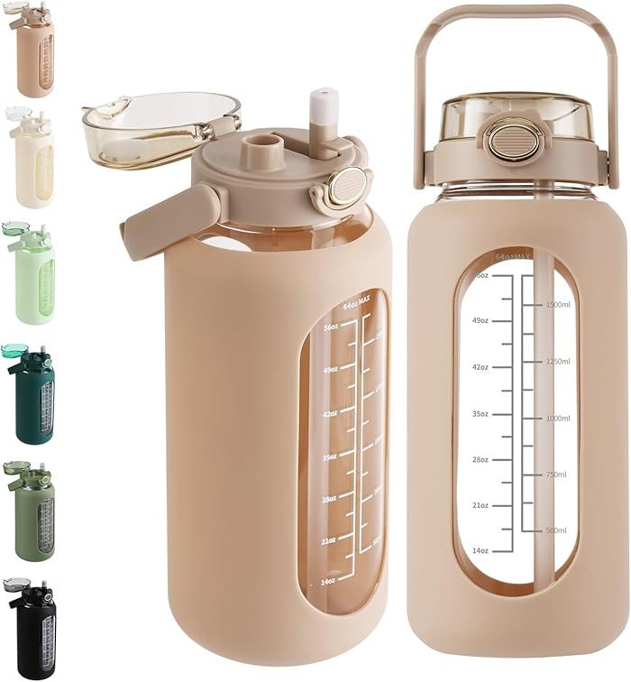 SIEROZUR 64oz Glass Water Bottle with Straw and Handle Lid Half Gallon Motivational Glass Bottle with Silicone Sleeve and Time Marker Large Reusable Sports Water Ju… | Amazon (US)
