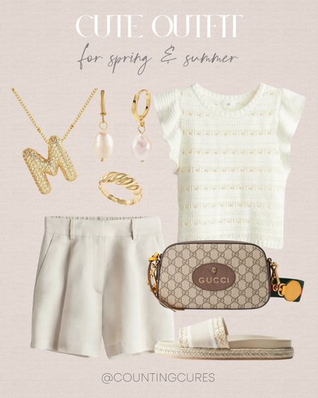 Dress up with this cute outfit idea that's perfect for spring and summer: a white top, neutral shorts, a crossbody bag, bohemian straw sandals, and gold accessories! 
#springfashion #onthegolook #minimaliststyle #comfyclothes

#LTKstyletip #LTKshoecrush #LTKSeasonal