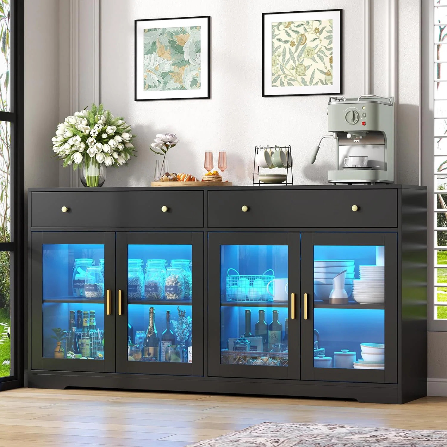Wine Bar Cabinet With LED Light And Glass Door Coffee Bar Sideboard Buffet Cabinet | Wayfair North America