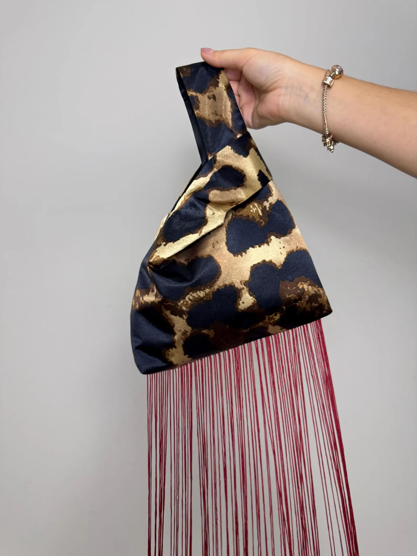 Leopard Satin Fringe Handbag, Animal Print Japanese Knot Bag with Long Tassels, Boho Evening Part... | Etsy (Global)