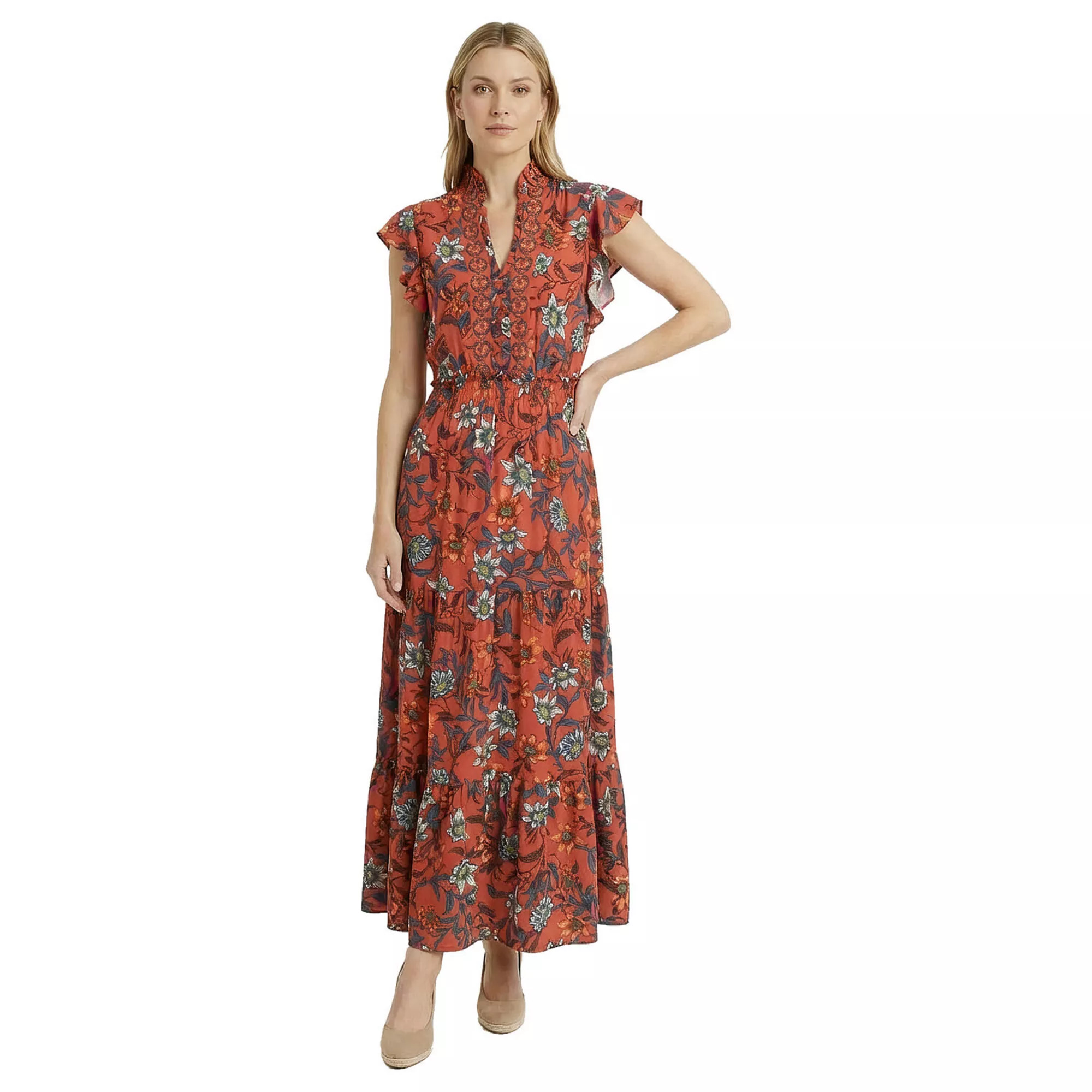 Women's London Times Ruffle Neck Flutter Sleeve Smocked Waist Tiered Maxi Dress | Kohl's