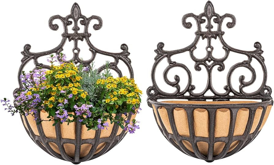 Sungmor 2PC Small Cast Iron Baskets, Heavy-Duty Wall Hanging Hollow Planter w/Fabric Liner, Antiq... | Amazon (US)