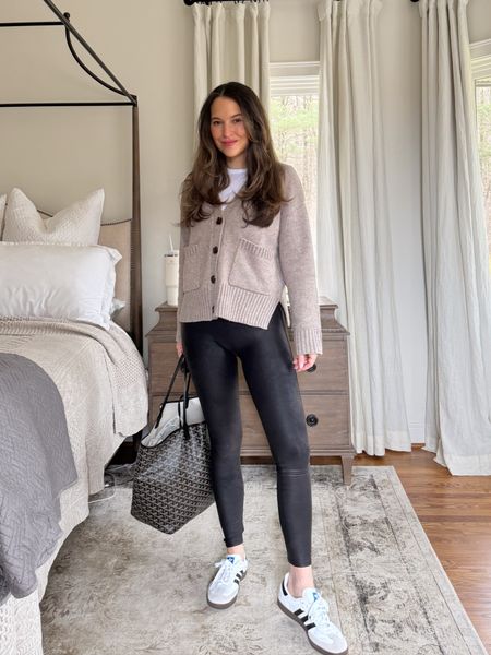 Easy mom outfit idea featuring these Spanx fleece lined leather leggings! You can use code TARABISHYXSPANX for 10% off plus free shipping. I’m wearing size S, they run true to size. Wearing S in cardigan (runs true) and M in the tee shirt (size up one size). Sambas run true to size  

#LTKfindsunder100 #LTKSeasonal #LTKshoecrush