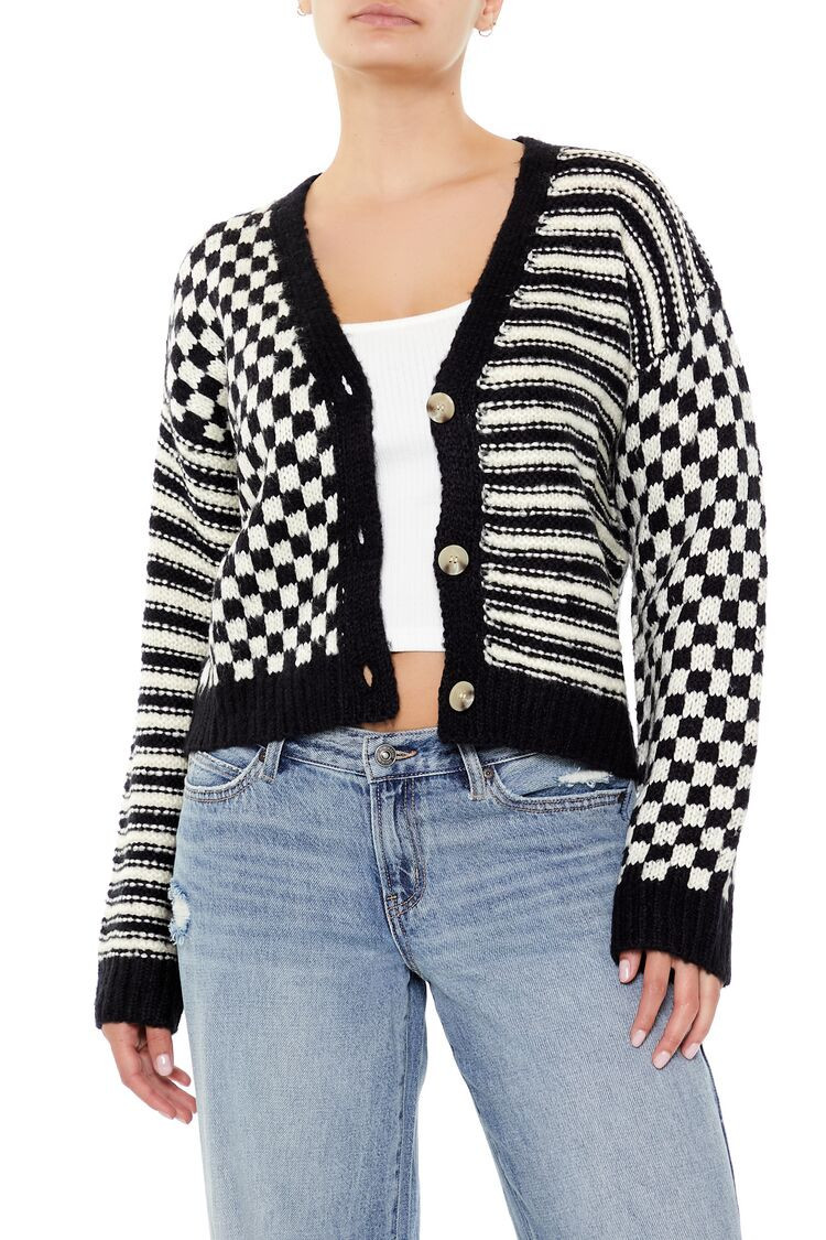 Women's Striped & Checkered Cardigan Sweater in Black/White Large | Forever 21