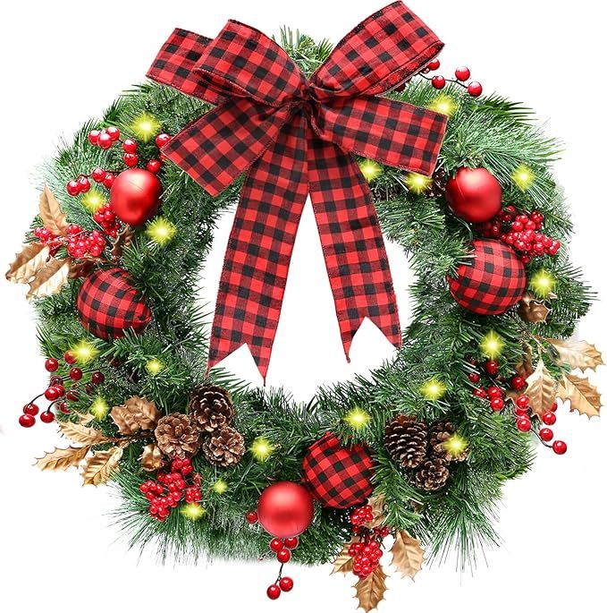 Christmas Wreath,Christmas Wreaths for Front Door Decorations,24 IN Pre Lit Artificial Christmas ... | Amazon (US)