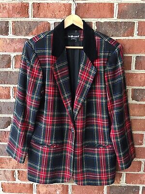 Vintage Sag Harbor Tartan Plaid Blazer Velvet Collar Wool Jacket Size 14 Holiday | eBay US