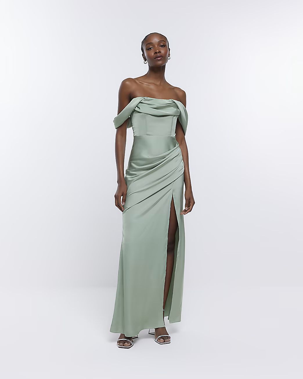 Green Bridesmaid Bardot Maxi Dress | River Island (UK & IE)