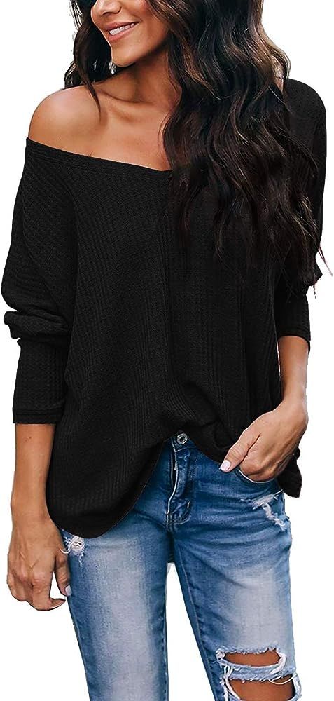 Womens Off The Shoulder Tops V Neck Sweaters Waffle Knit Shirt One Shoulder Oversized Long Sleeve... | Amazon (US)