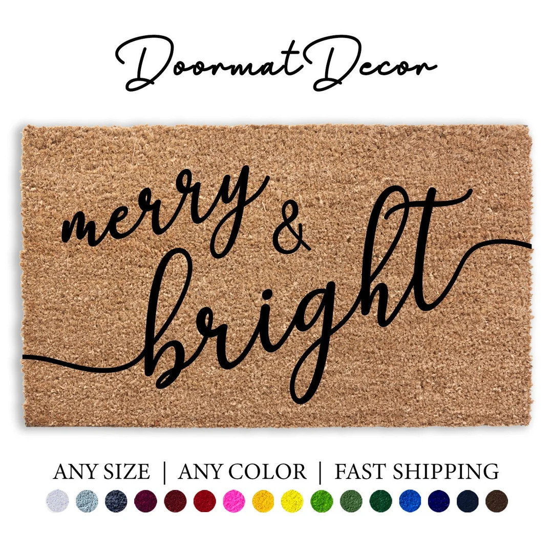 Merry & Bright Doormat Holiday Decor Door Mat Flocked Coir - Etsy | Etsy (US)