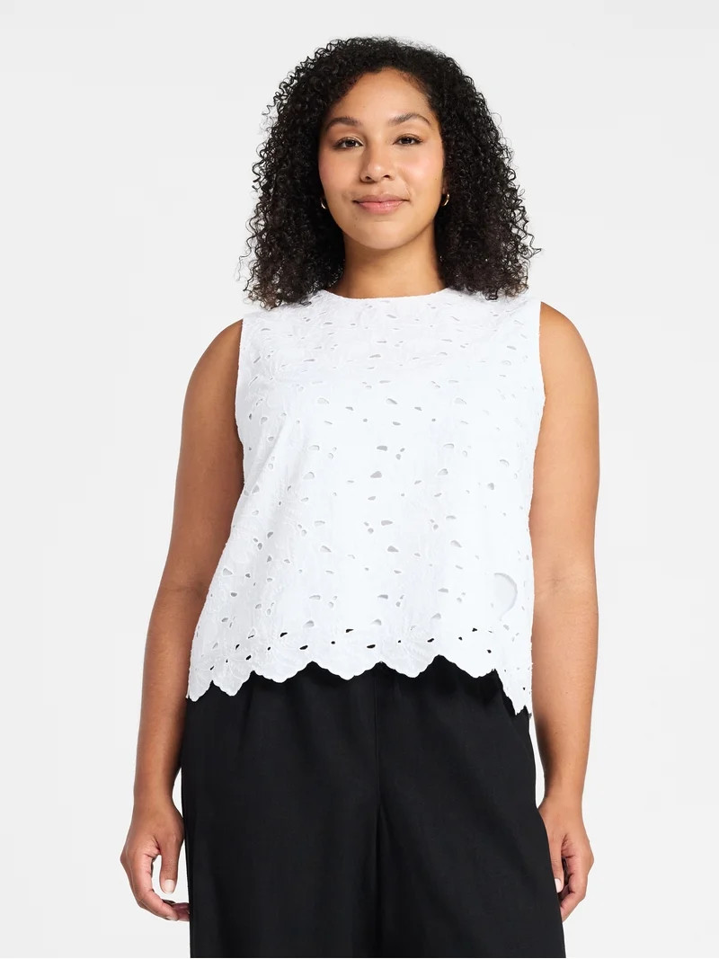 Time and Tru Women's and Women's Plus Sleeveless Cotton Eyelet Top, Sizes XS-4X | Walmart (US)
